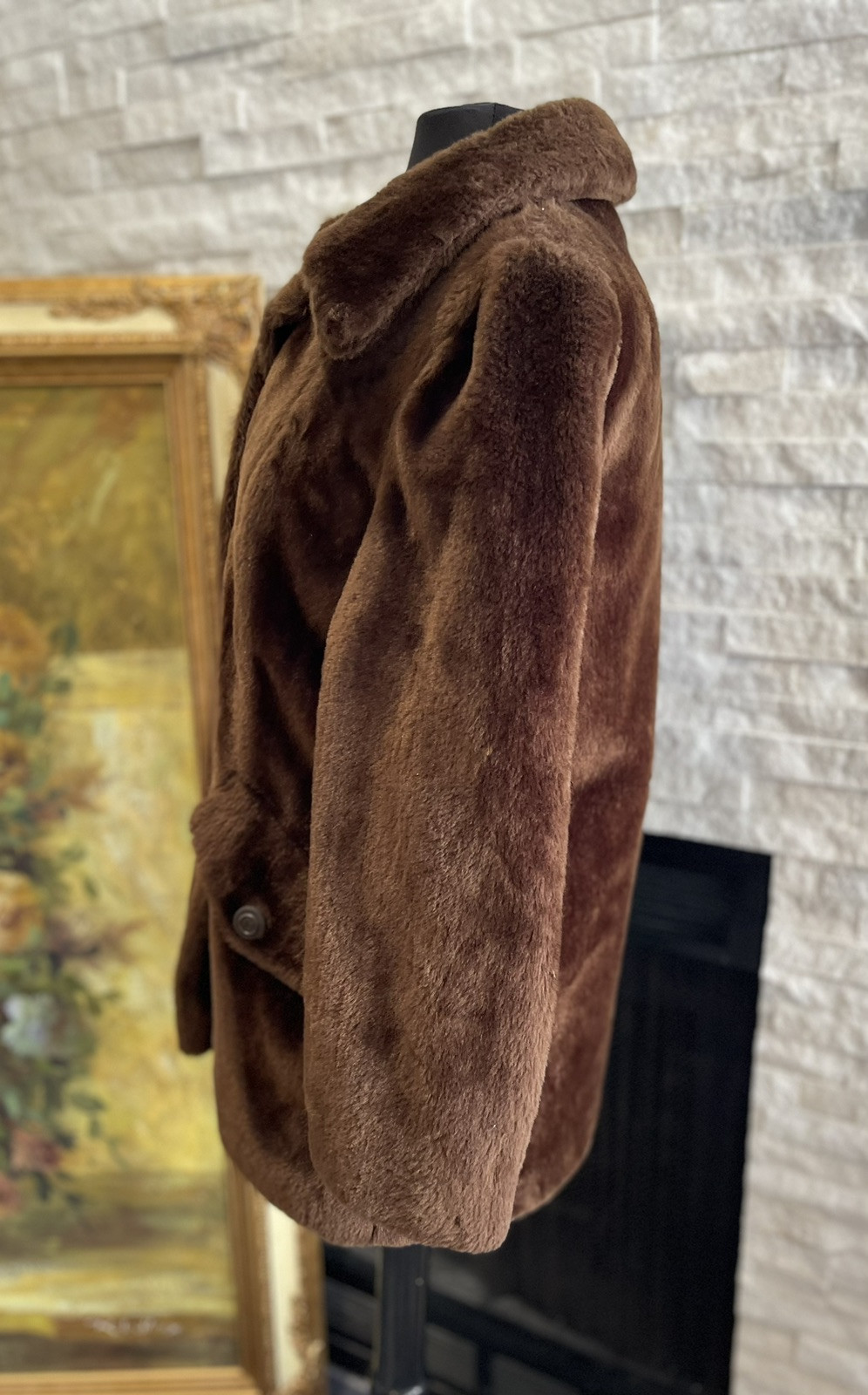 70s Sears Fashions Teddy Bear Double Breasted Coat Faux Fur Sherpa Brown