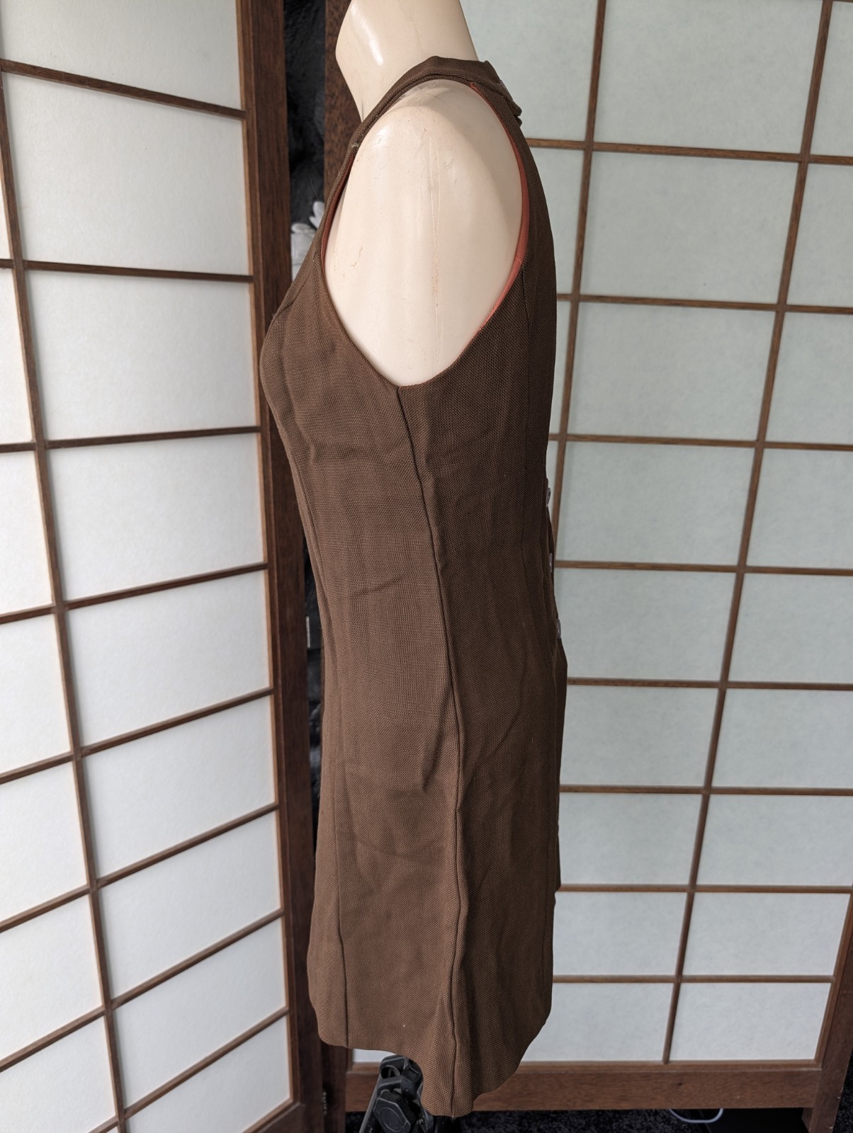 Vintage Brown Tweed Mini Dress Summer Sun Halter Open Back 1970s ILGWU Sz XS