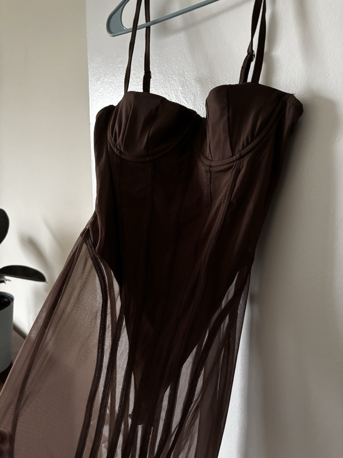 Women&rsquo;s Brown Full Slip Spaghetti Strap Lingerie Dress with Sheer Overlay