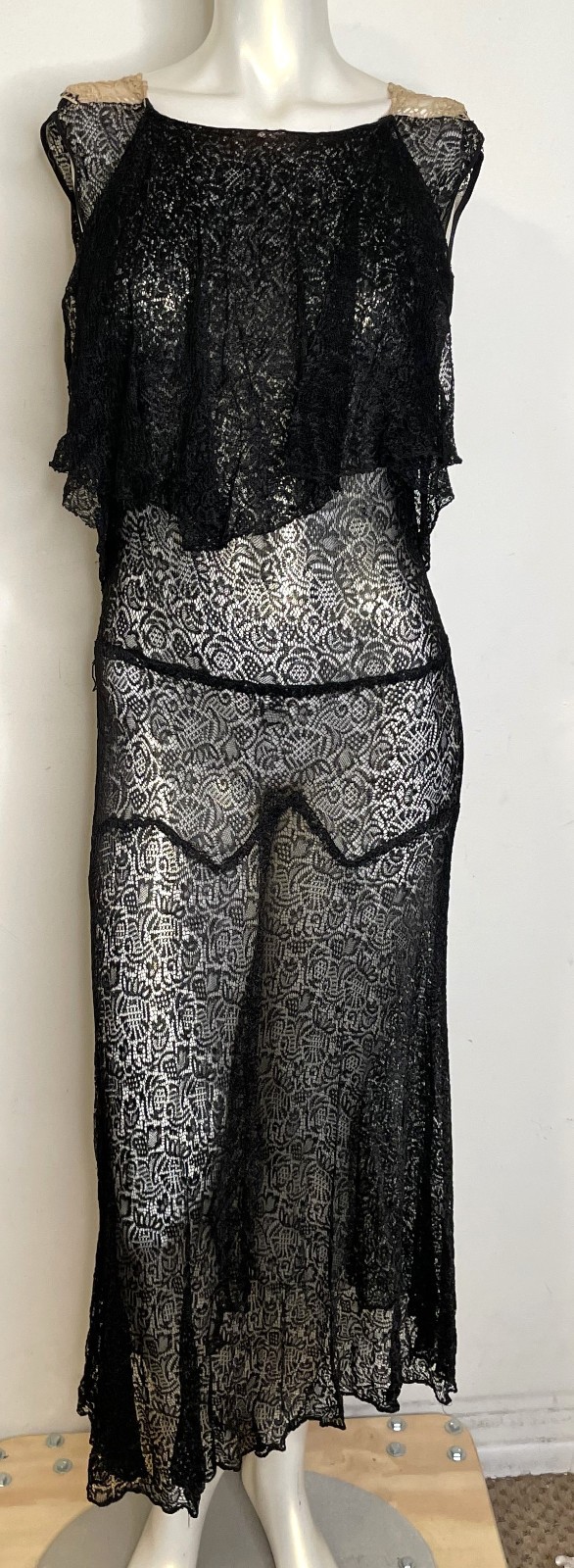 Antique 20s 30s Black Lace Art Deco Dress S M 3-in-1 Sleeveless Midi Fitted