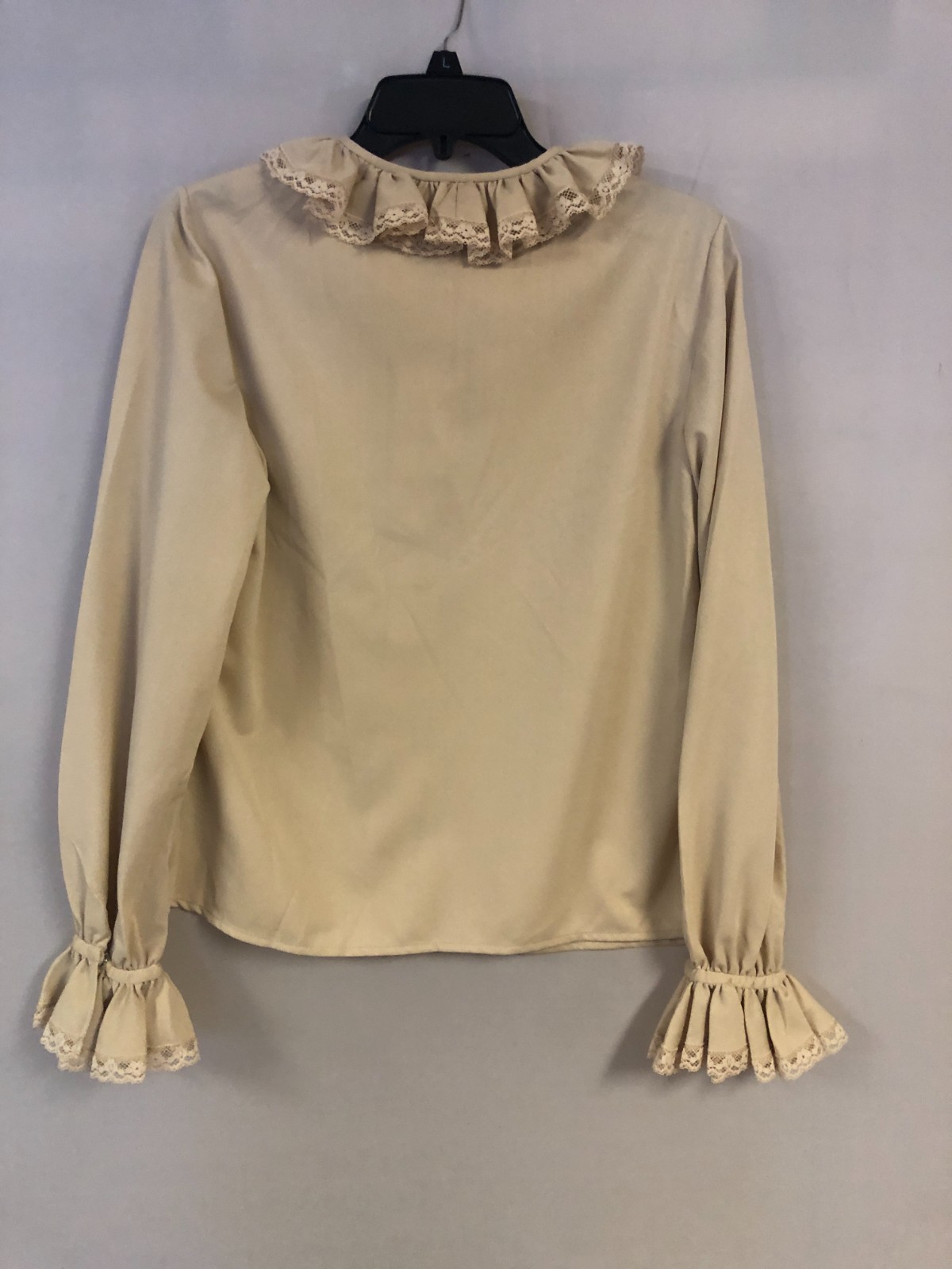 Vintage Handmade Beige Blouse Size 39 Chest Ruffled Collar & Sleeves Lace Trim
