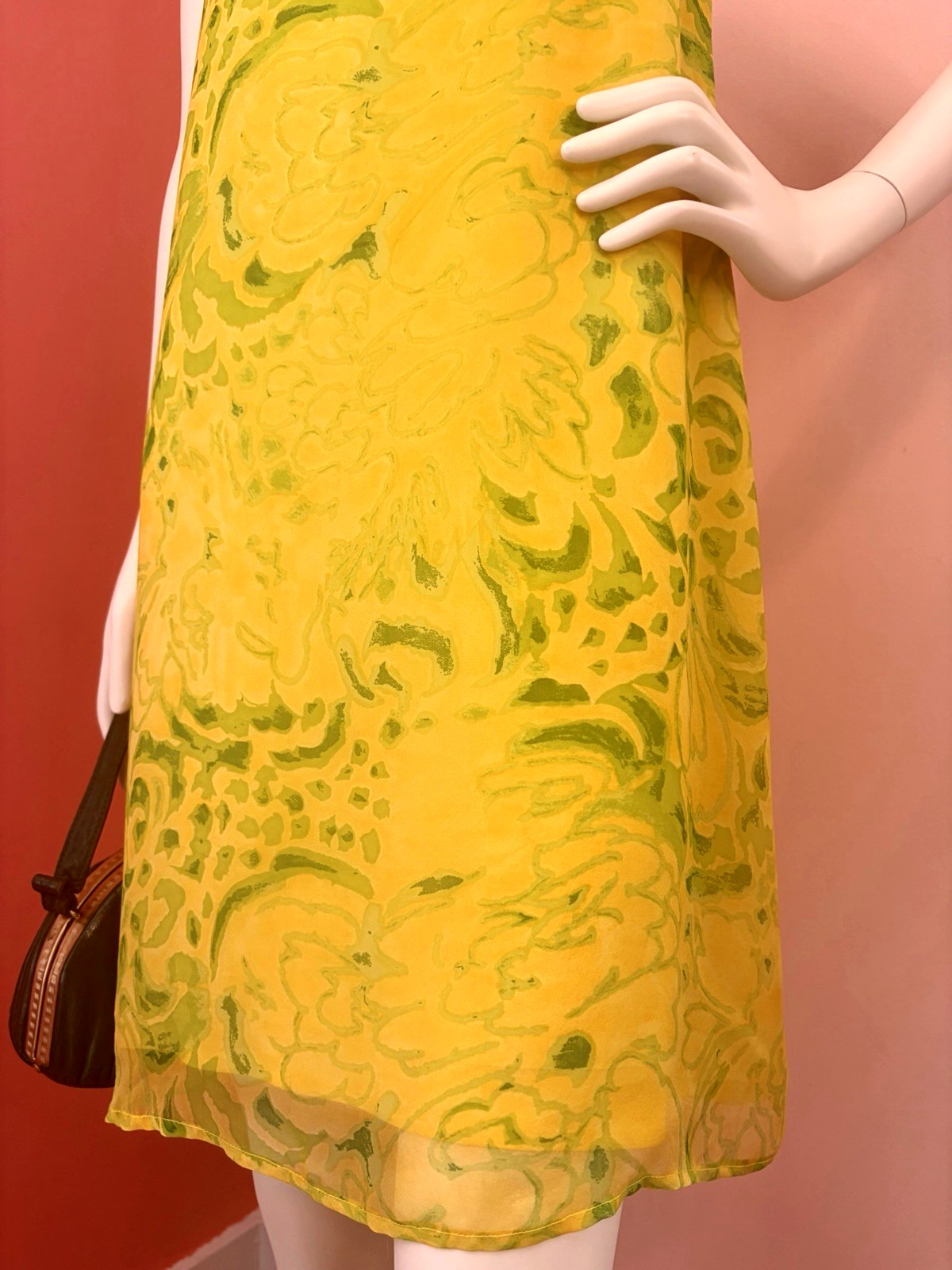 VTG 60s Mod Shift Dress abstract Yellow Green Floral Print chiffon A-Line S/M