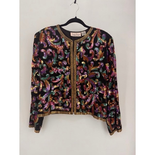 Vintage Laurence Kazar Black Multicolor Sequin Beaded Silk Jacket Glam Art Deco