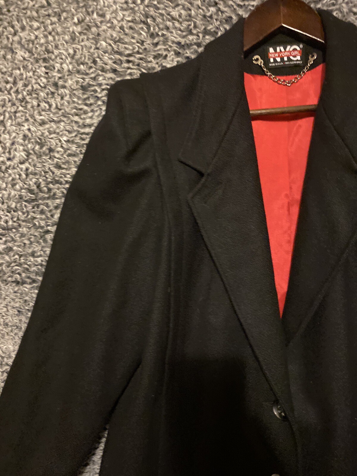 Solid Wool Coat New York Girl Black With Red Lining USA Union Made Vintage Sz 8