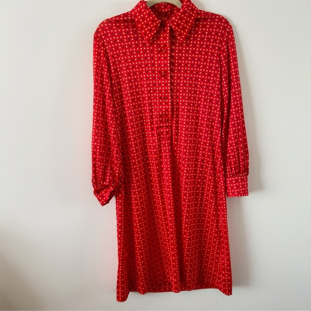 Vintage 60s red collared button up dress midi long sleeve Alfred Werber medium