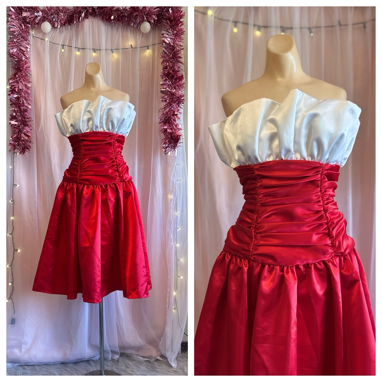 Vintage 80s 50s Formal Dress Red White Liquid Satin Strapless Crumbcatcher S