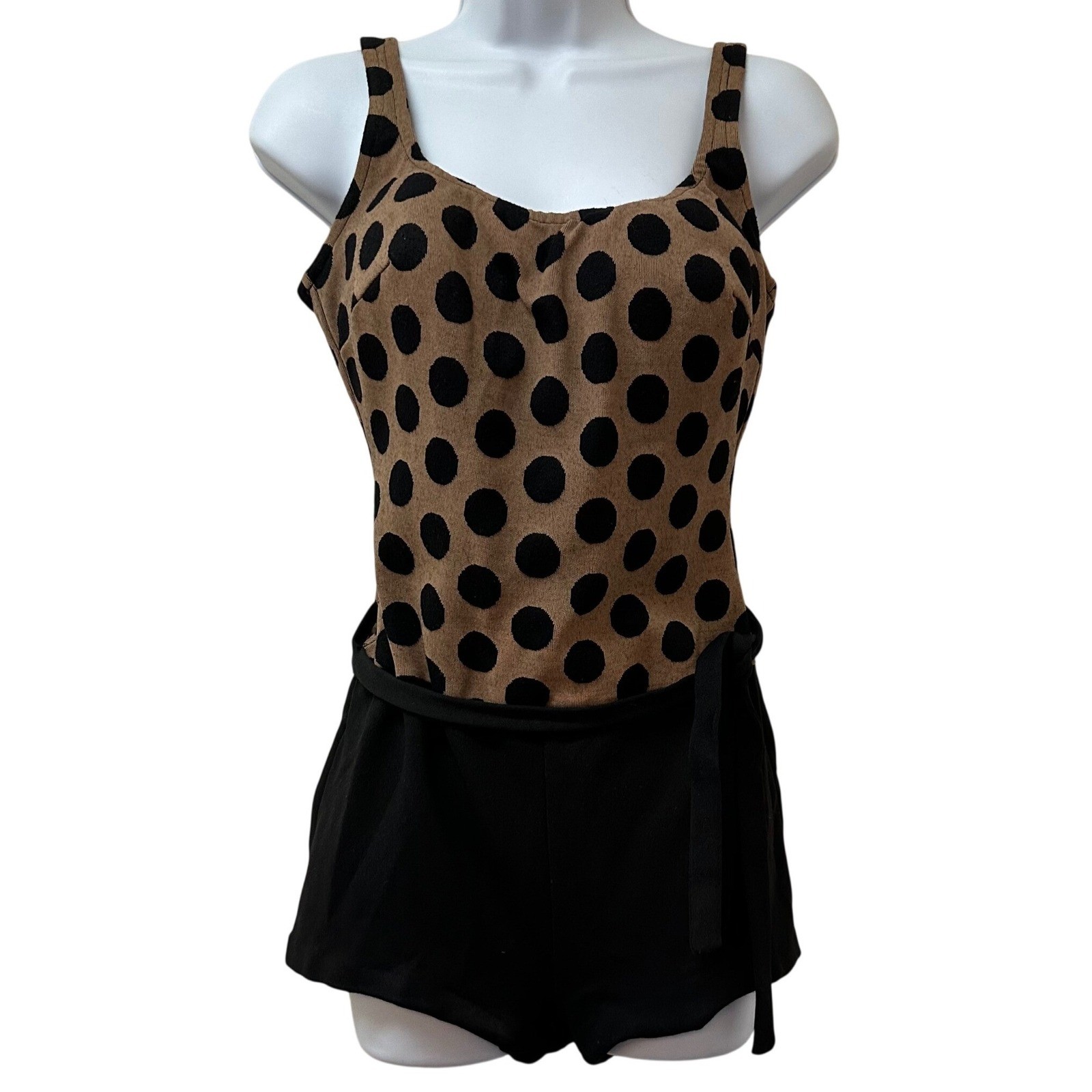 Vintage Peter Pan by Oleg Cassini Polka Dot Swimsuit Romper Brown Black 16/38