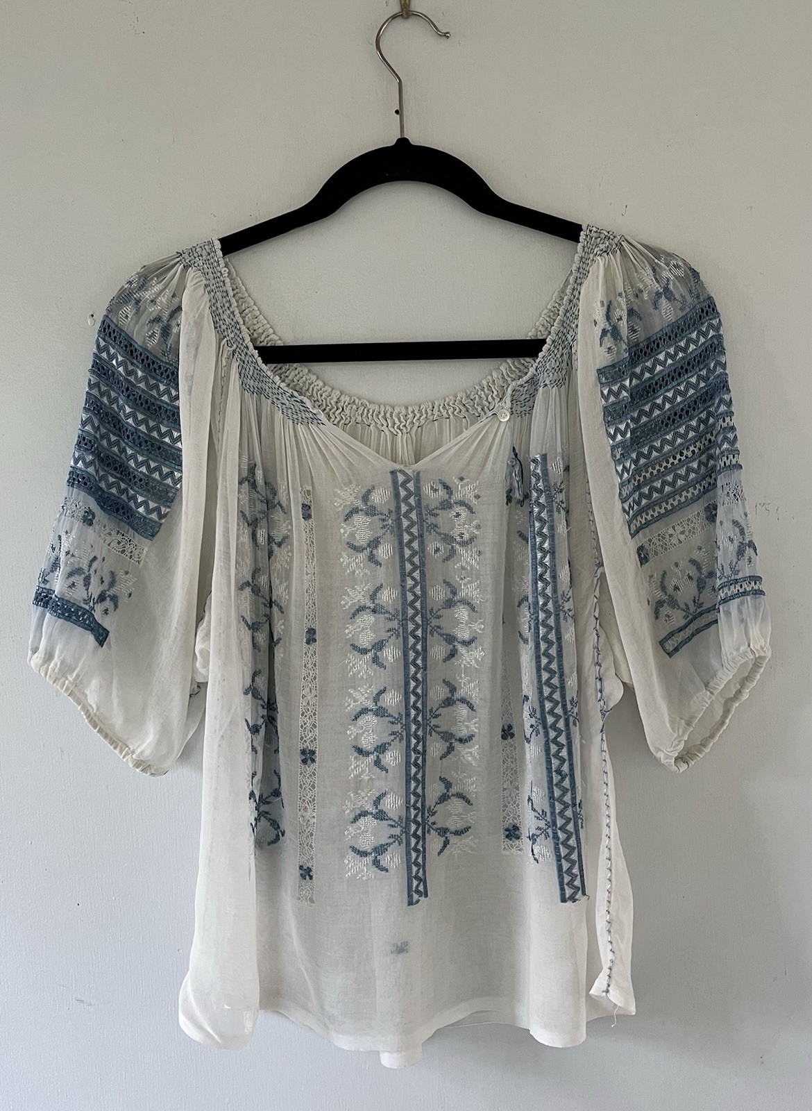 Vintage 1930s Art Deco Hand Embroidered Hungarian Sheer Cotton Peasant Blouse