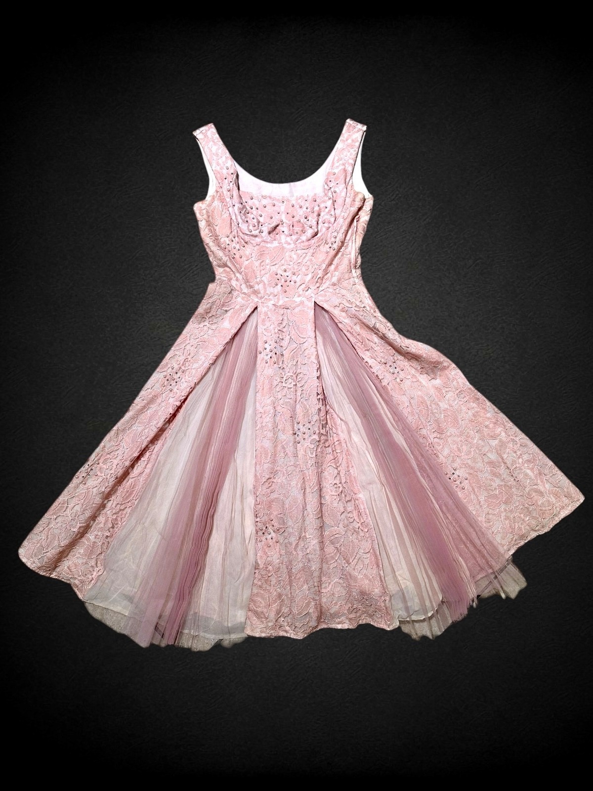 Vintage 1950s Pink Lace Cocktail Dress Pearl Rhinestone Tulle Full Skirt Party X