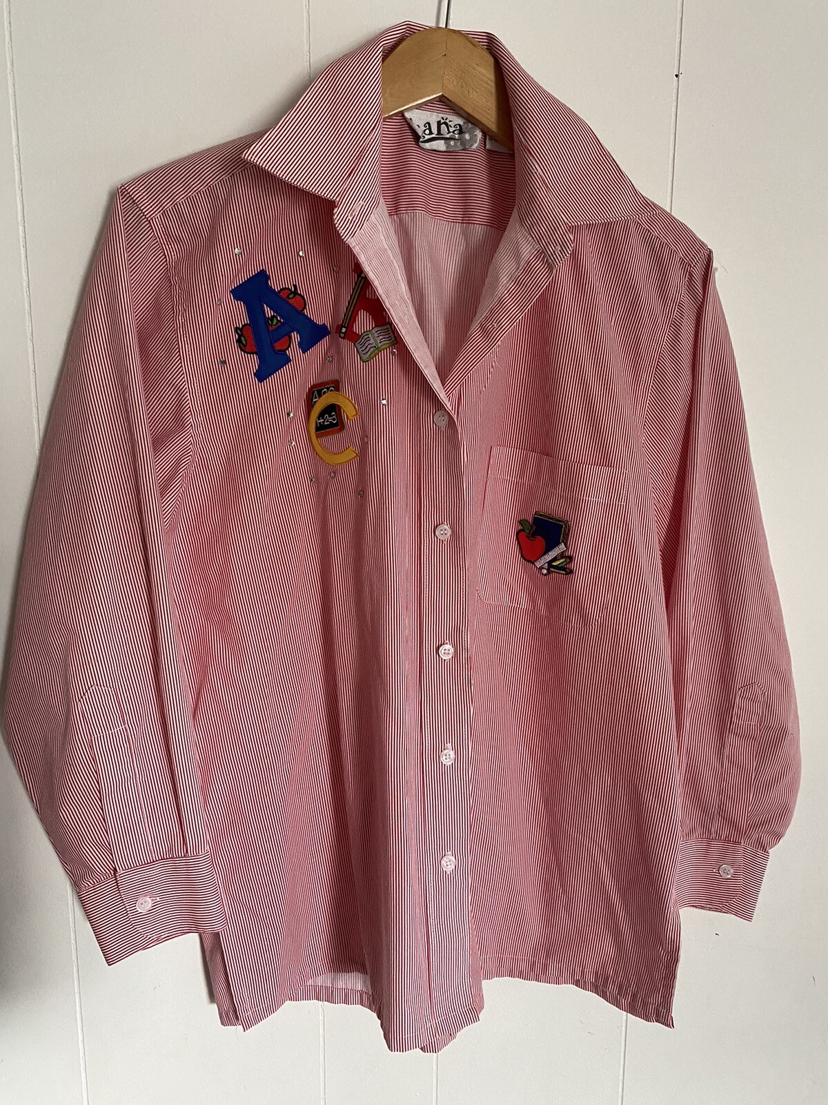 Vtg Hana Embroidered Red Striped Shirt Women S School Teacher ABC