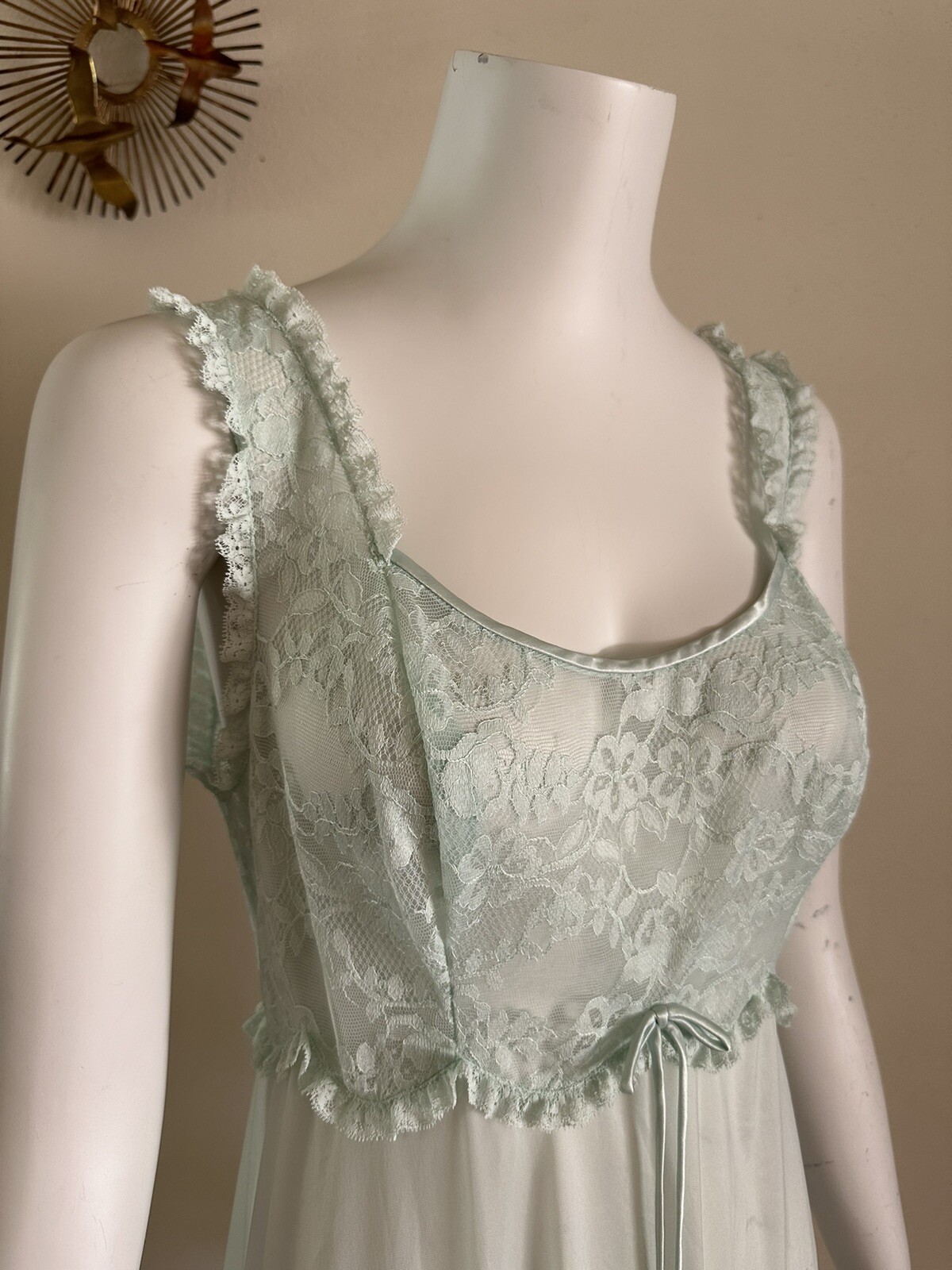 1960s Vanity Fair Mint Green Nylon Tricot Lace Nightgown Slip Dress Negligee VTG