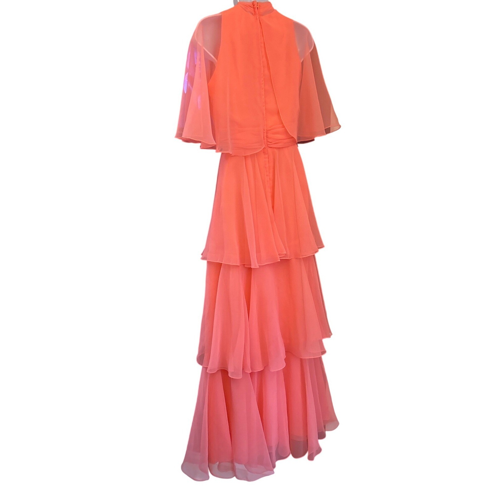 Vintage Miss Elliott Dress Coral Chiffon Tiered Capelet 70s Retro Romantic Gown