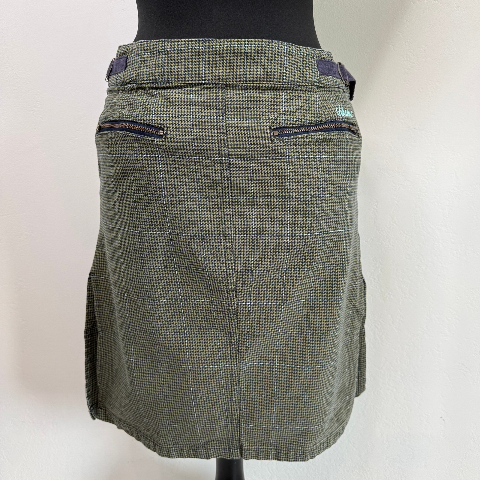 Volcom Gals Green Houndstooth Plaid Mini Skirt Size 11 Cotton Skater Y2K Grunge