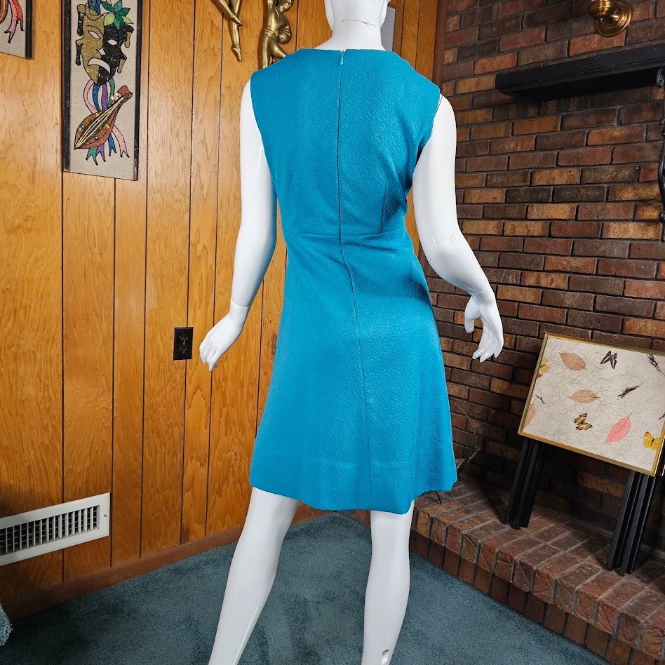 Vintage 60s Mod Go Go A-Line Empire Mini Shift Teal Texture Knit Party Dress M/L