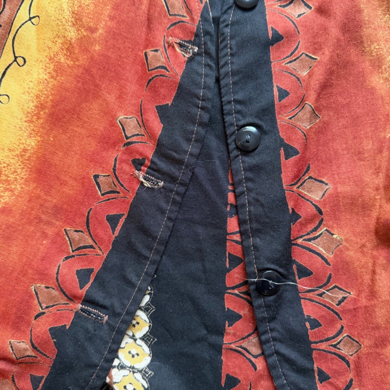 Maggie Lawrence Vintage Rayon Vest Small Tribal Abstract Print Boho Rust Mustard