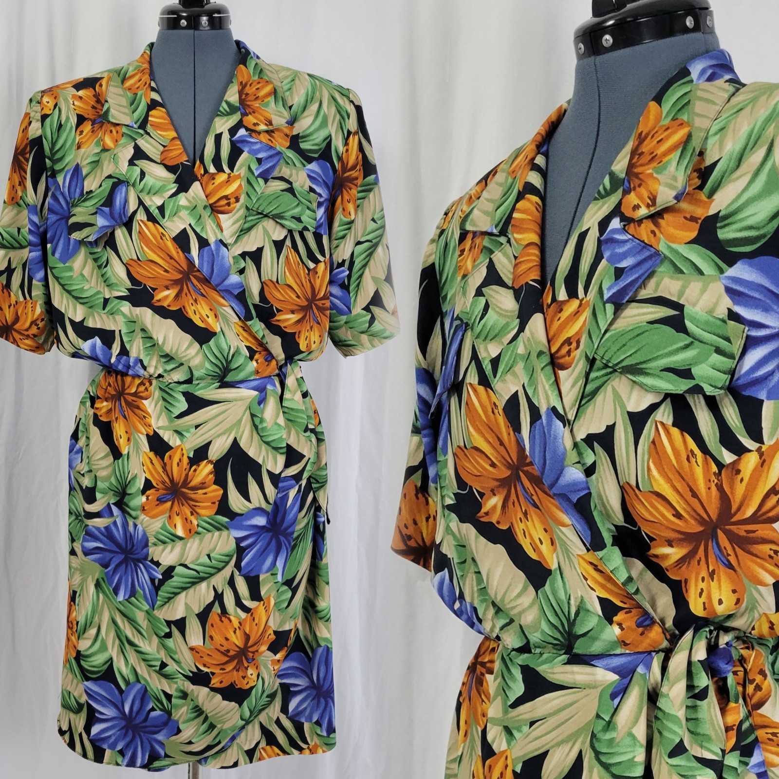 Vtg S&L Fashions Black/Tan/Blue/Orange Tropical Print Wrap Dress/Romper Size 16