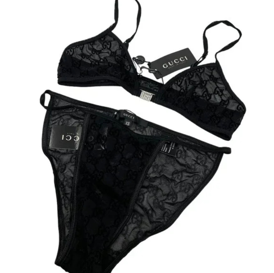 GUCCI Vintage GG Monogram Logo Bra Shorts Set #XS Underwear Black Nylon