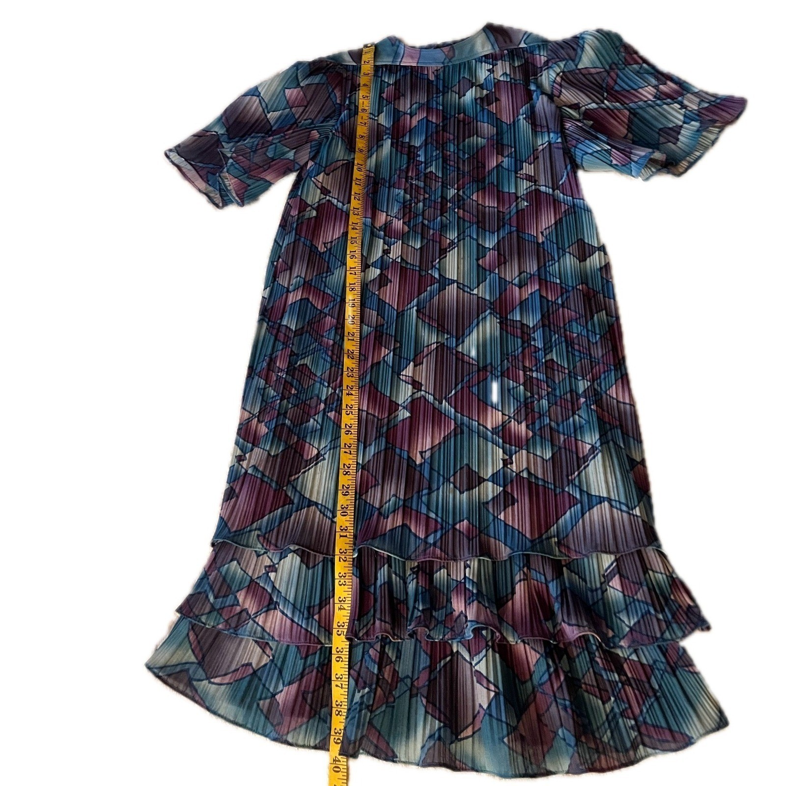 80s Vintage Pleated Geometric Ruffle Art Deco Midi Dress Purple Blue Sz 8P