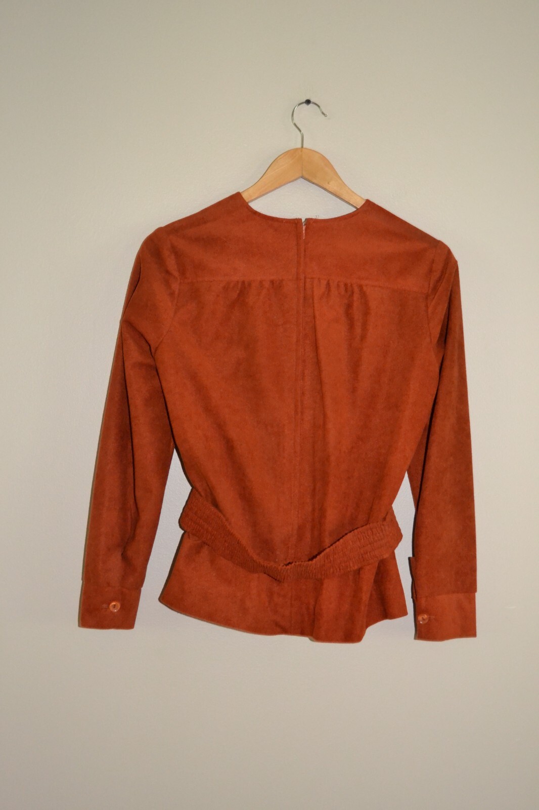 Vintage Rust Orange/Brown Long sleeve peplum Skirt Top belted suit set, sz 8
