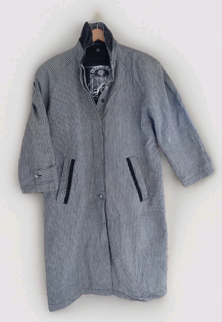 Vintage 80s Triangle Aquarius Rising Oversized Pinstripe Trench Coat Velvet L