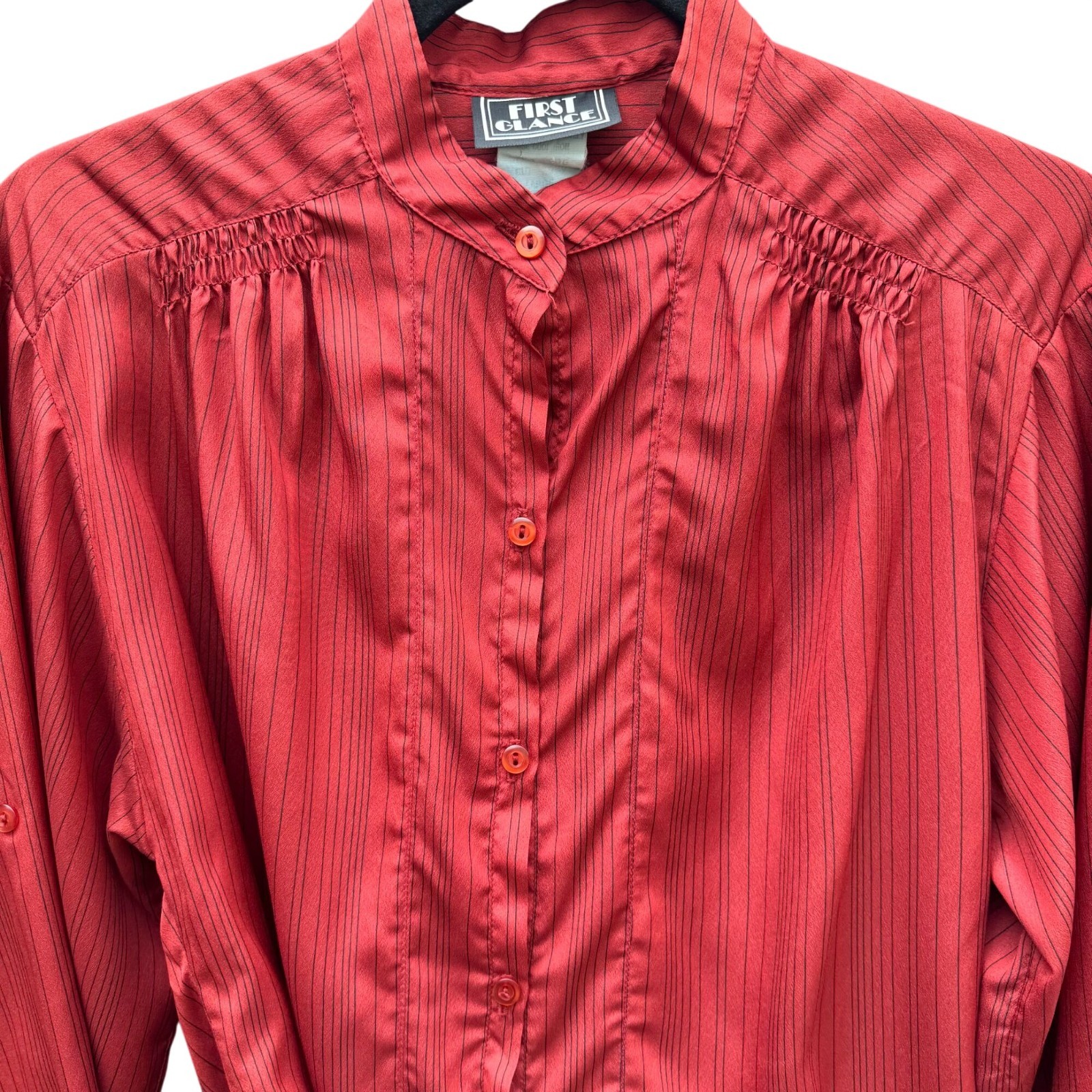 First Glance Vintage 80s Secretary Core Pinstripe Smocked Pinstripe Blouse L