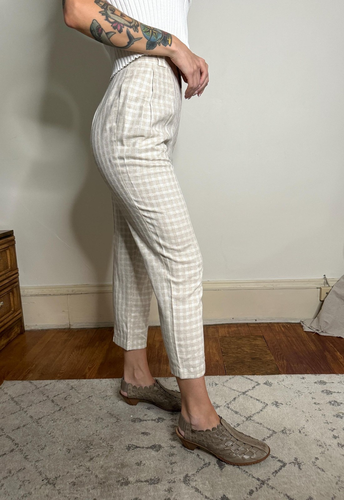 vintage 80s high waisted pleated womens pants / linen trousers / checked slacks