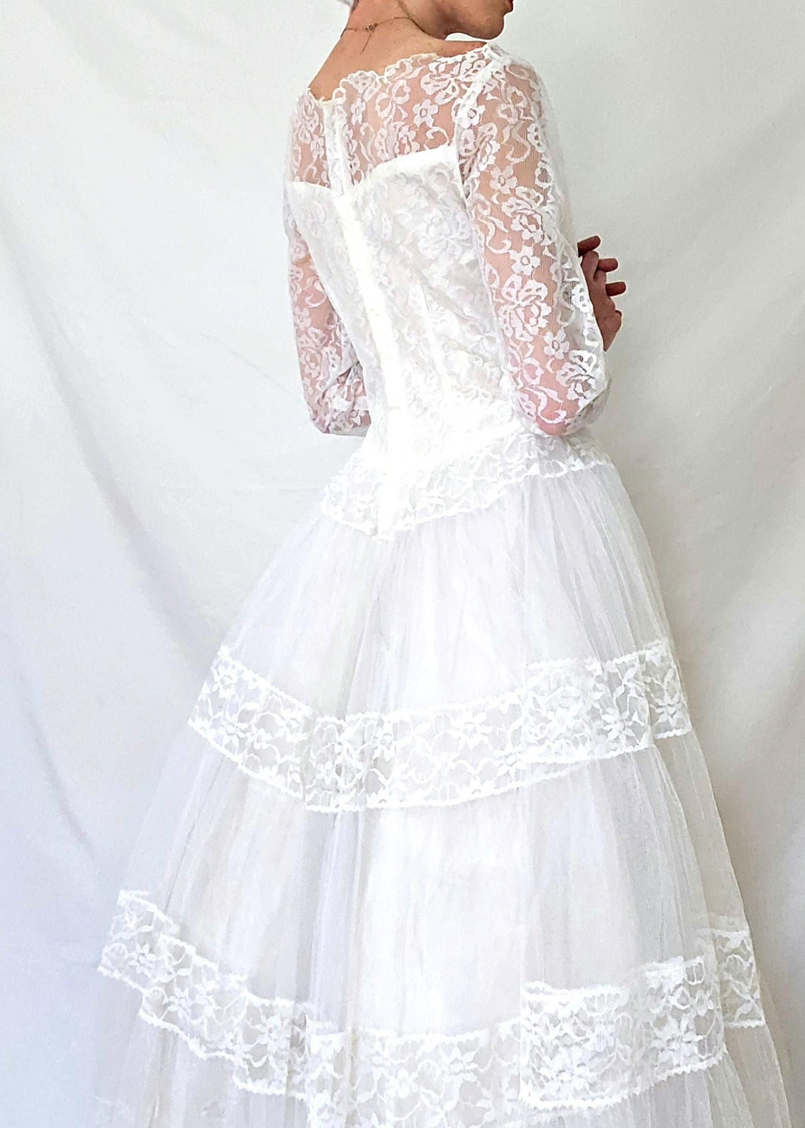1950s Tea Length Wedding Dress: Vintage Tulle and Lace Bridal Gown, S