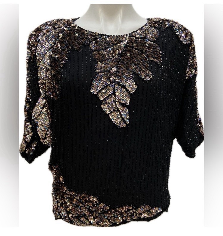 VINTAGE 80s OLEG CASSINI SILK SEQUIN BEADED GLAM DIVA DOLMAN FORMAL BLOUSE TOP