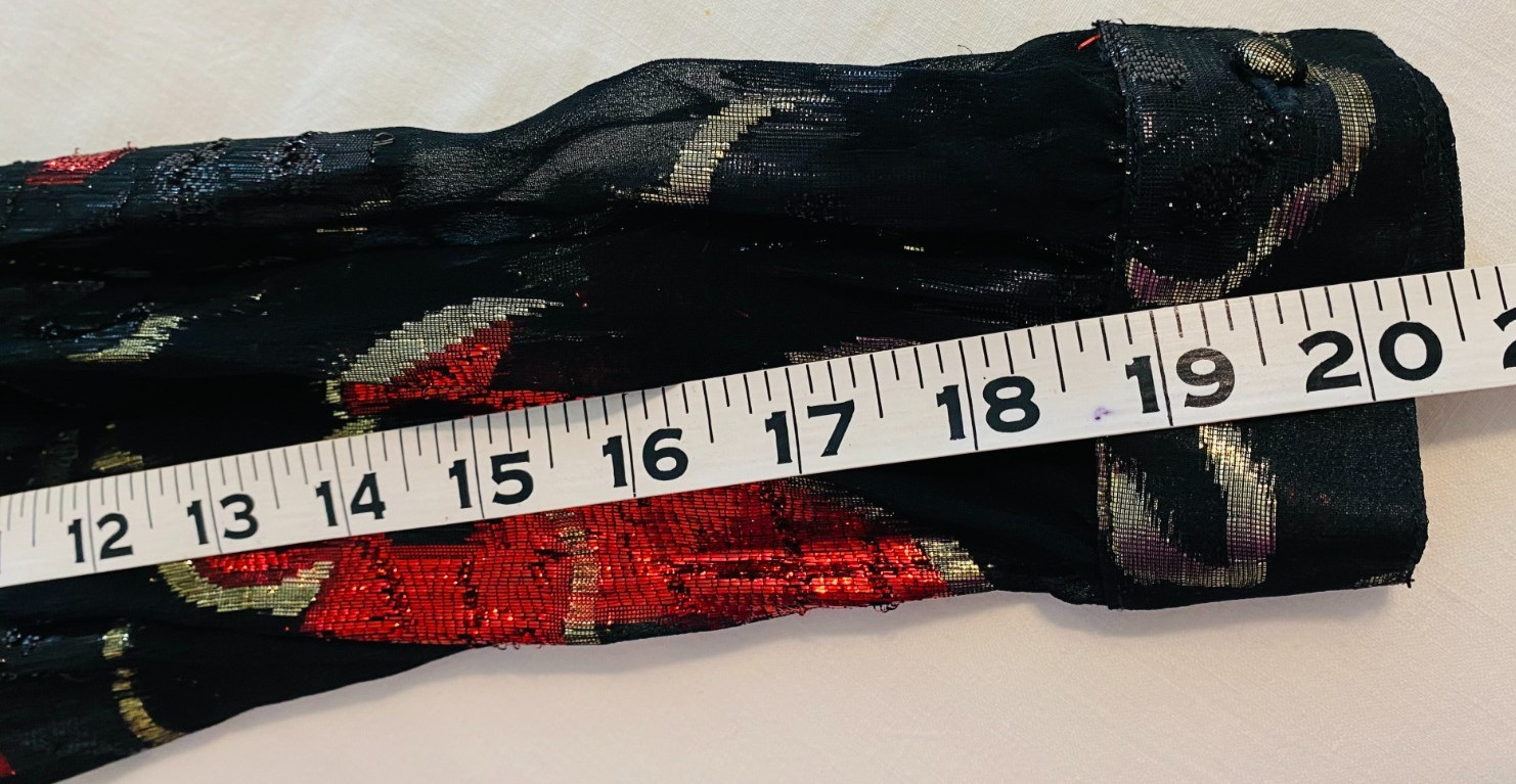 Vintage LLOYD WILLIAMS Sheer Blouse Black with Black, Gold & Red Floral shiny