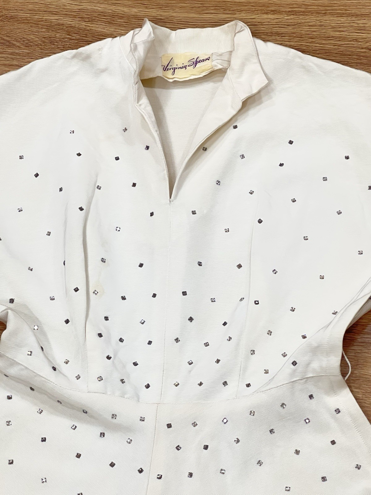 Vintage 1950s Virginia Spear Designer Cream Rhinestone Dress