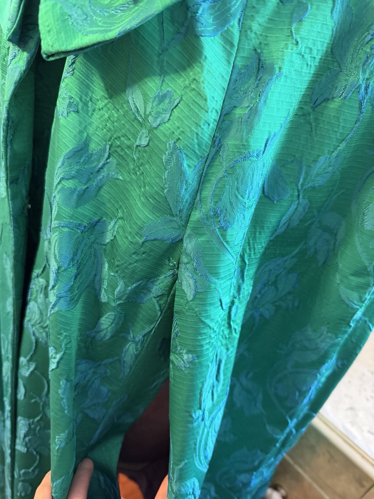 Vintage Custom Tailored Teal Green Blue Jacquard Floral Long Opera Cape-One Size