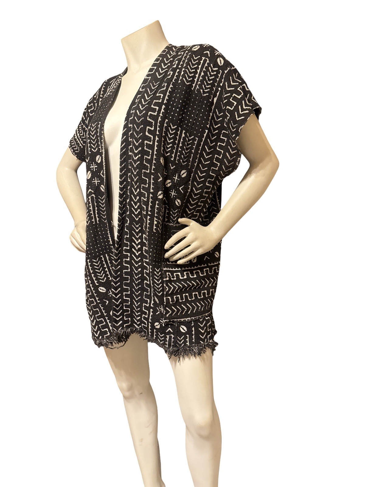 Mud Cloth Vest Kimono Jacket Black & Beige Pockets Sash Unisex Adults Tribal