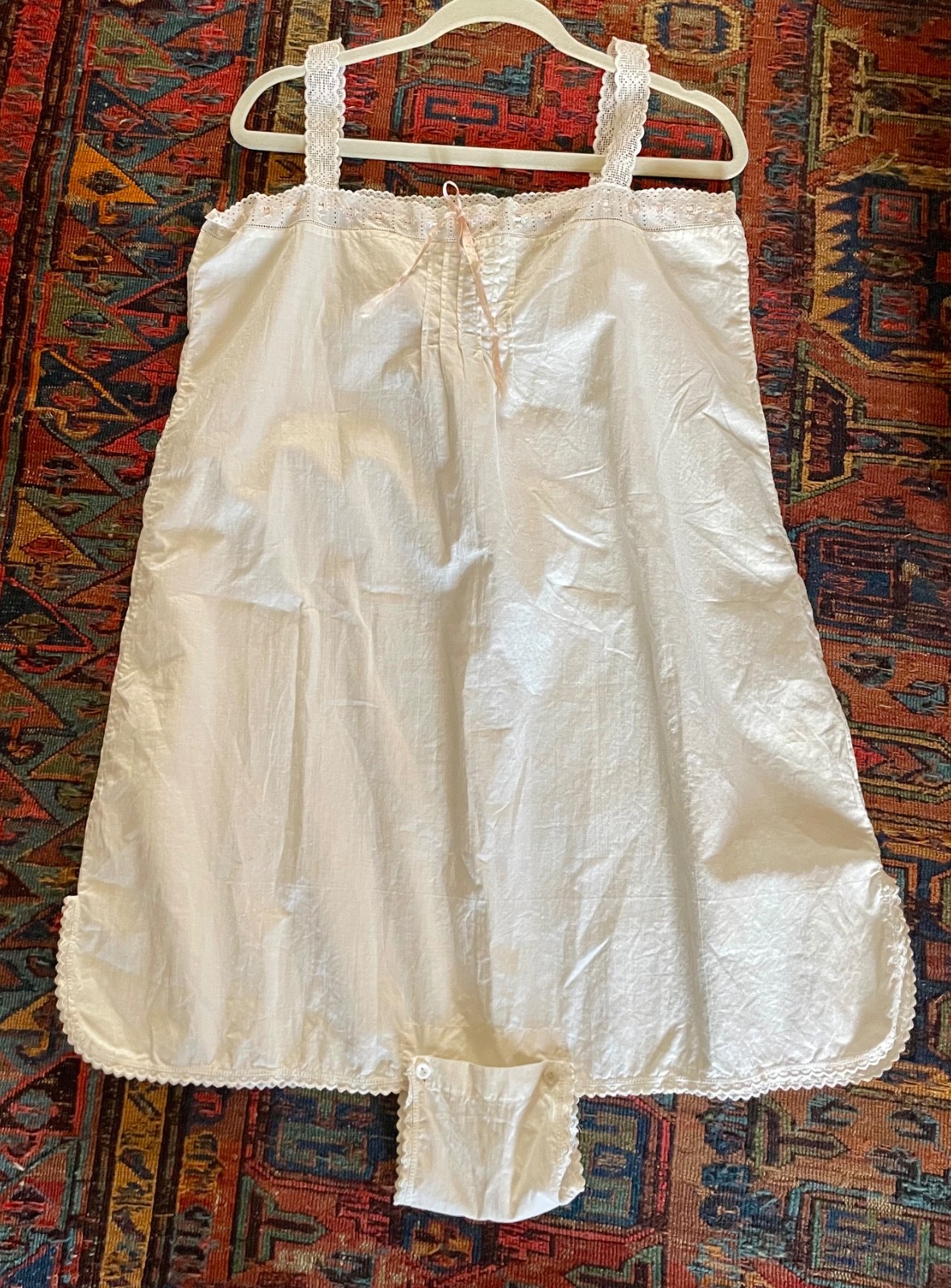Edwardian White Cotton Teddy 1910s Crochet Lace Step-In Chemise Lingerie Large