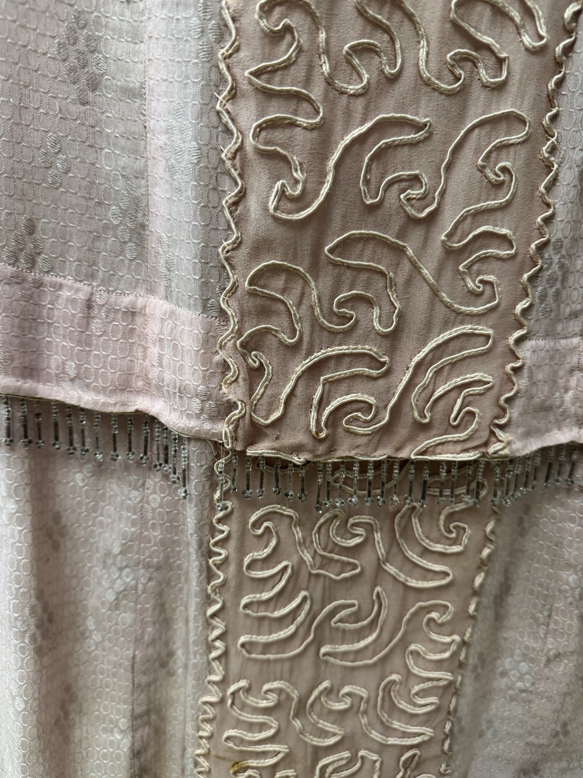 Vintage 1920s Pink Silk Jacquard Flapper Dress Soutache Bugle Bead Fringe Deco