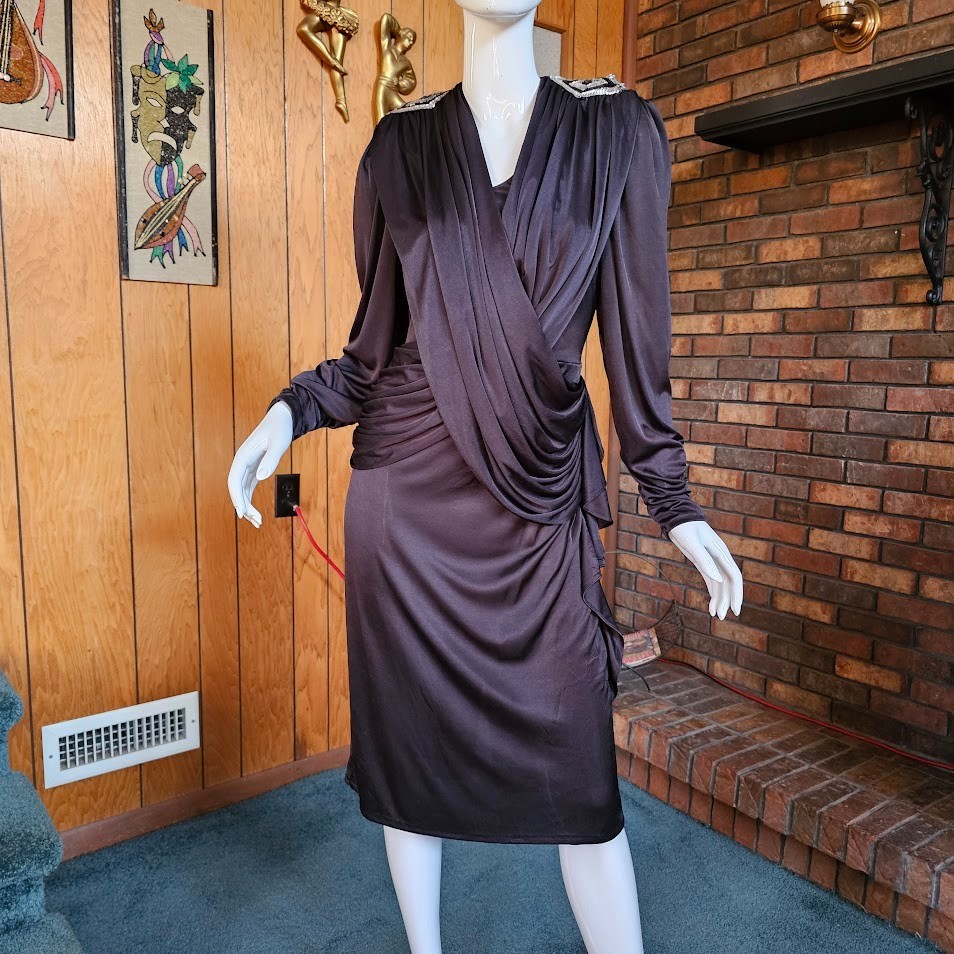 Vtg 80s Disco Glam Slinky Coffin Draped Dynasty Cocktail Party Sequin Dress M/L
