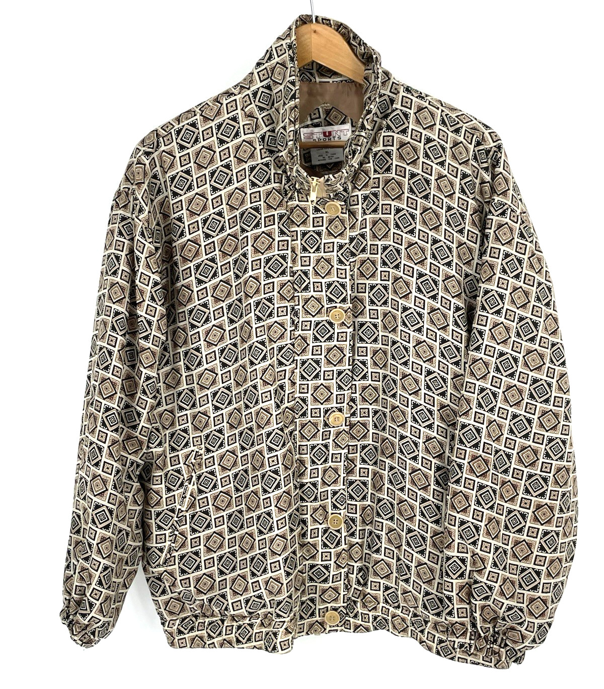 80s STUNT SPORTS XL 100% Silk Jacket Track Bomber Geometric Print Oversized