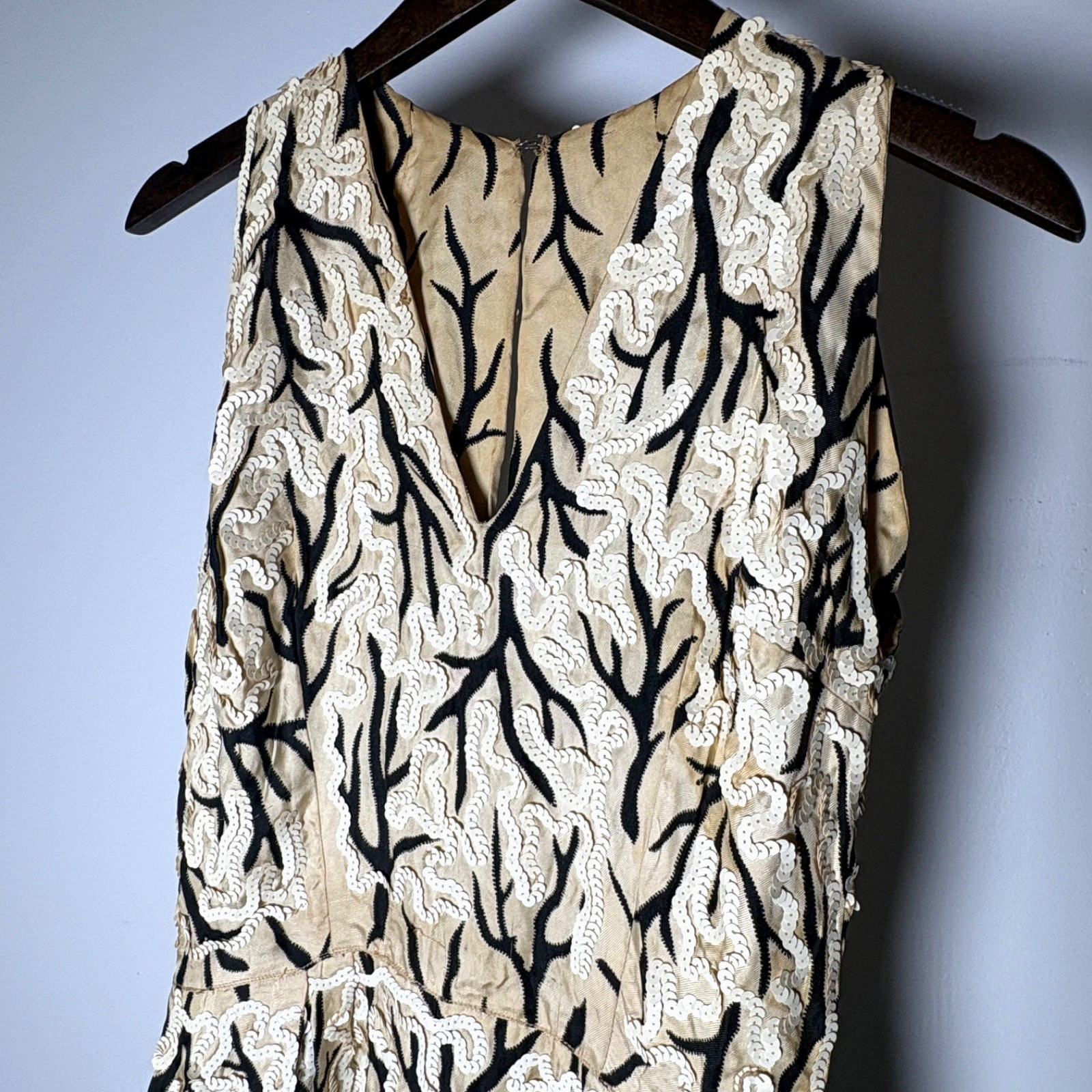​VTG 1960s Wool Sheath Dress Branch Design Ivory Swirl Sequins Cocktail Saks? S