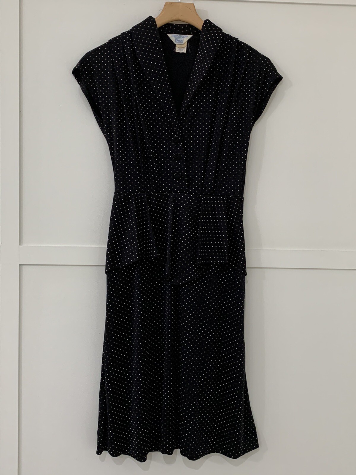 Vtg Sears Dress Sz 8P petit Polka Dot Made USA Rockabilly Cap Sleeves Peplum