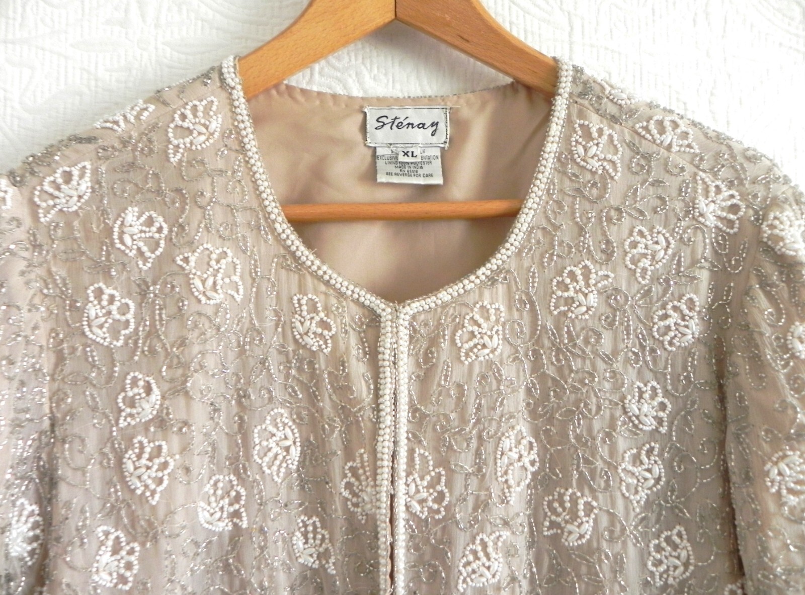 Vtg Stenay Bolero or Top Silk Lined Fully Beading Hook/Loop Light Peach Size XL