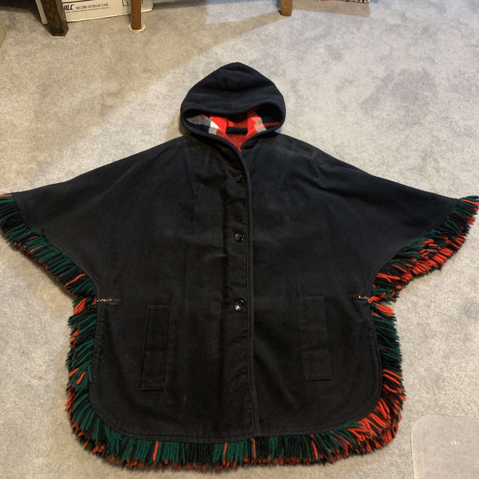 Vintage 70s Red Plaid Wool Blend Reversible Fringe Poncho Cape One Size