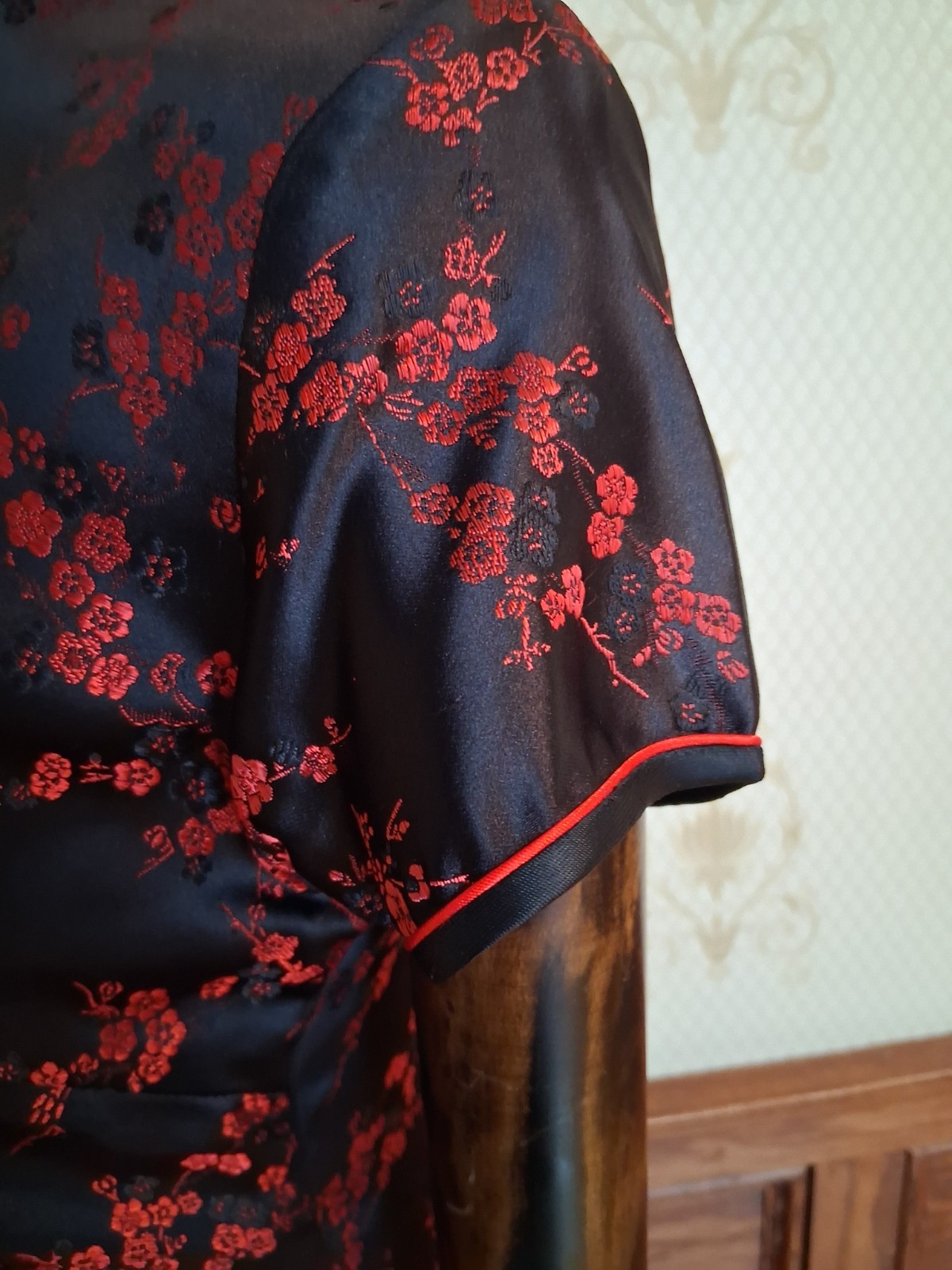 Vintage 1980s/90s Black Red Cherry Blossom Brocade Satin Cheongsam Chinese Dress