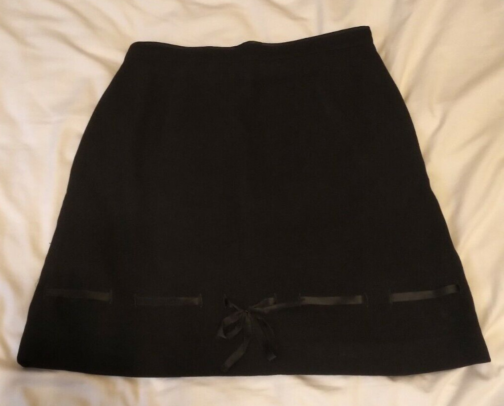 VINTAGE 1990S BYBLOS BLACK A-LINE WOOL MINI SKIRT RIBBON TRIMS ITALIAN 42 US 8