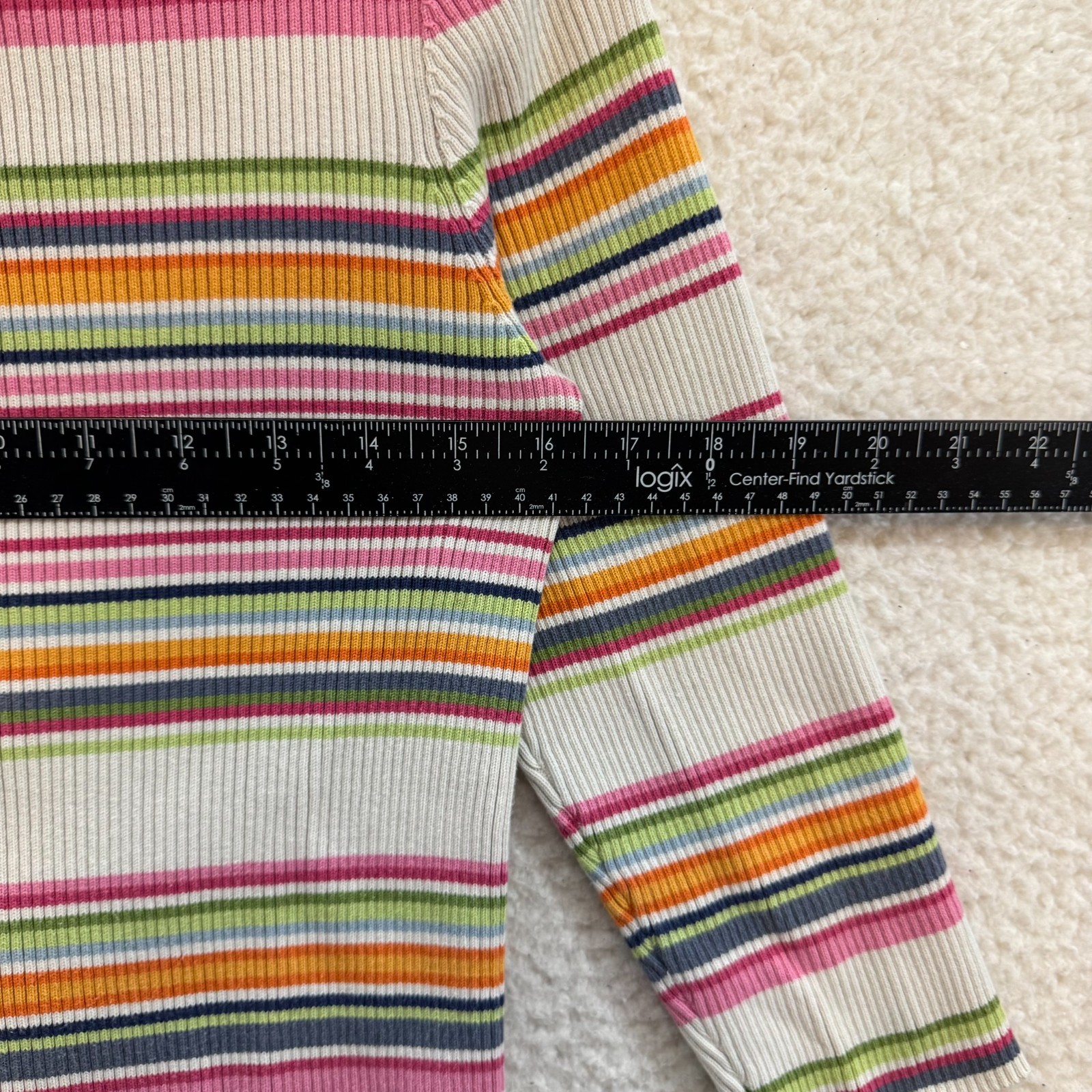 Y2K Vintage Striped Sweater Top Medium Colorful Rib Knit Boat Neck 3/4 Sleeve