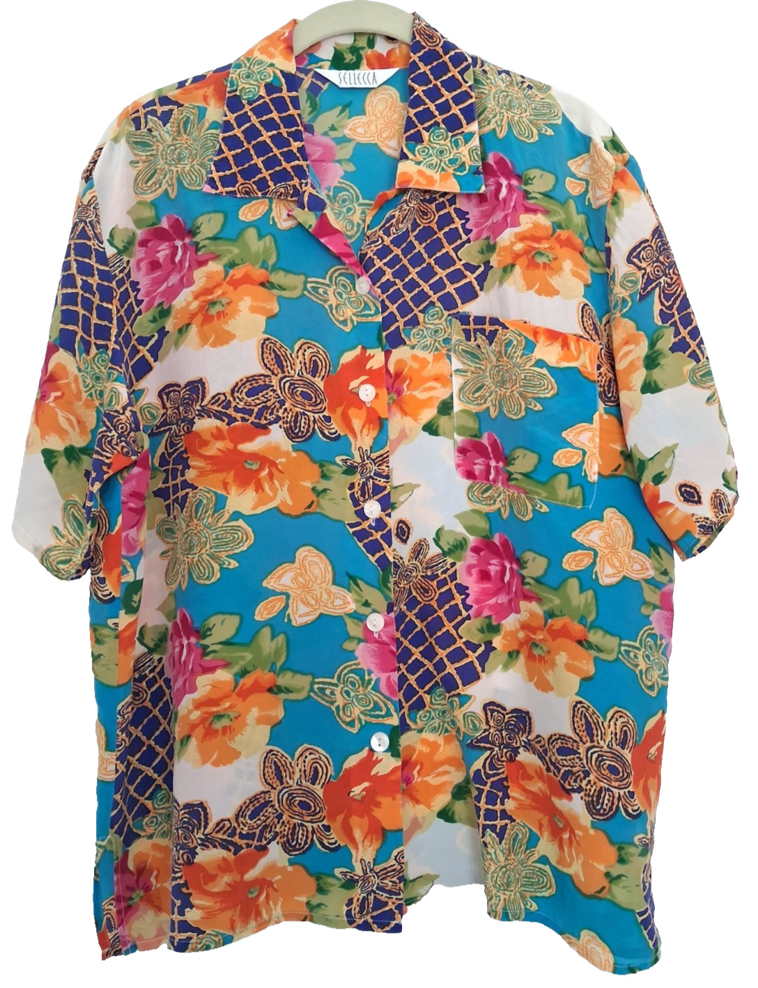 SELLECA Vintage 100% Silk Tropical Floral Button-Front Resort Top