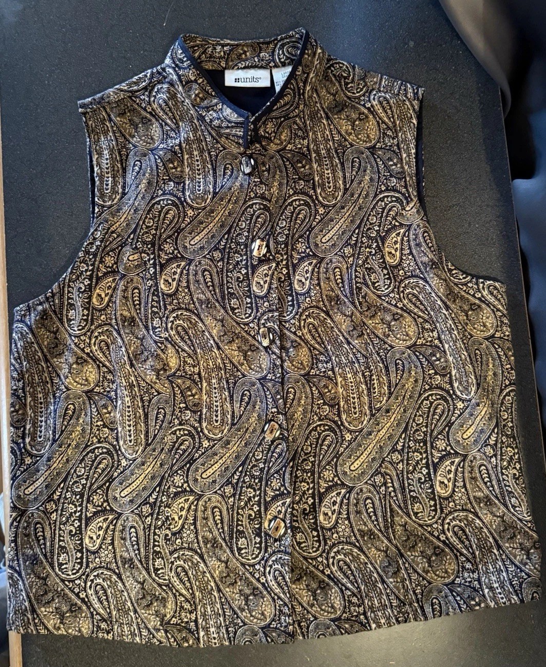 VTG Tapestry Vest Women’s L Black Gold Paisley Button Up Lined Units Retro 90’s