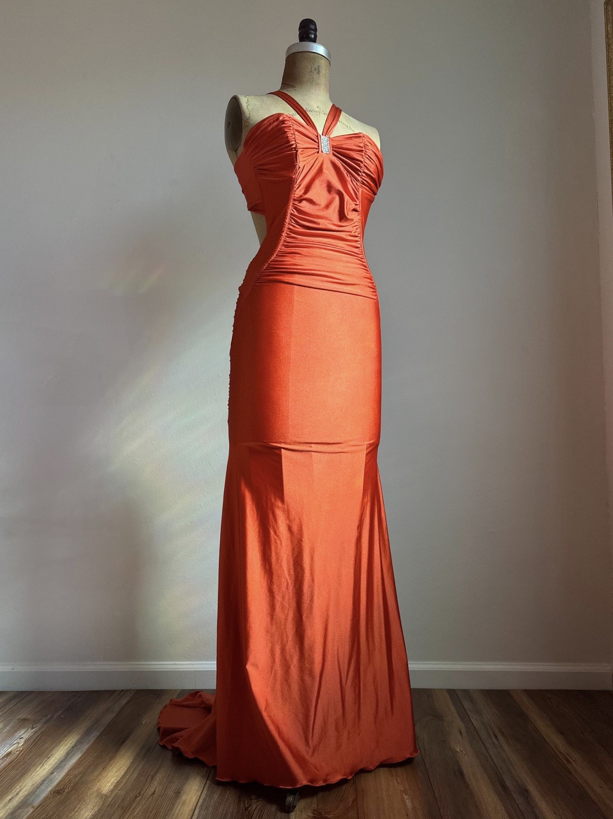 1990s Y2K Valentine Sexy Backless Rhinestone Mermaid Gown Dress Stretch Halter