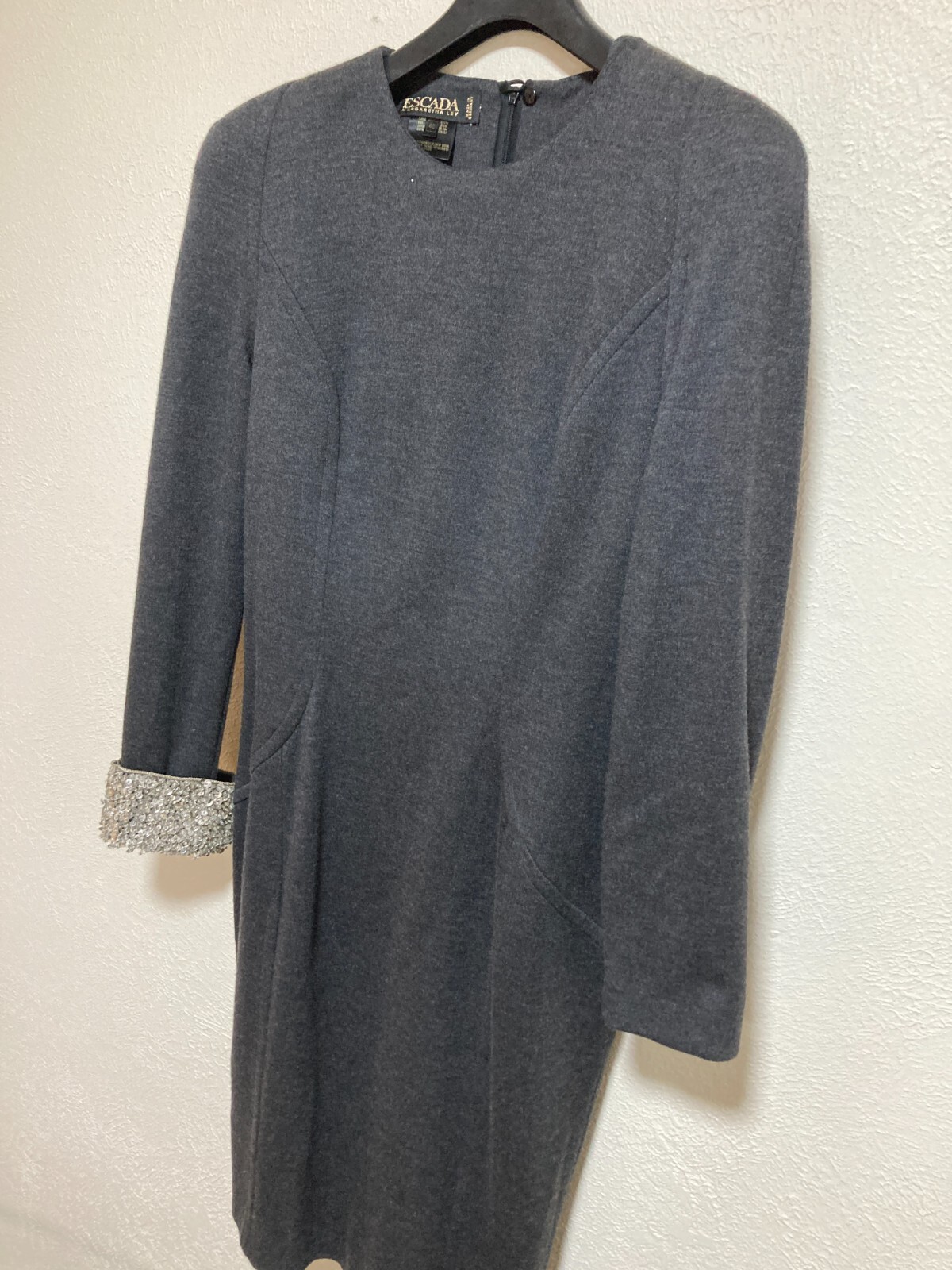 Vintage Dark Grey Wool Escada Margaretha Ley Dress EU40 w/Removable Cuffs R