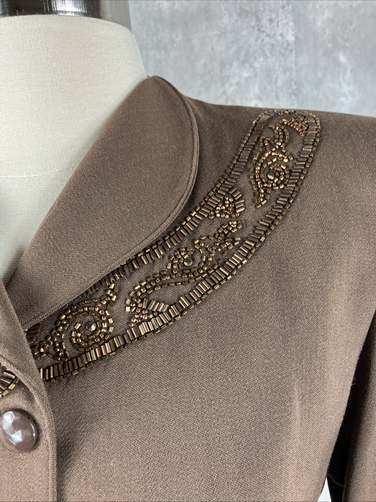 Vintage 1940s Swansdown Brown Wool Gabardine Beaded Skirt Suit MINT