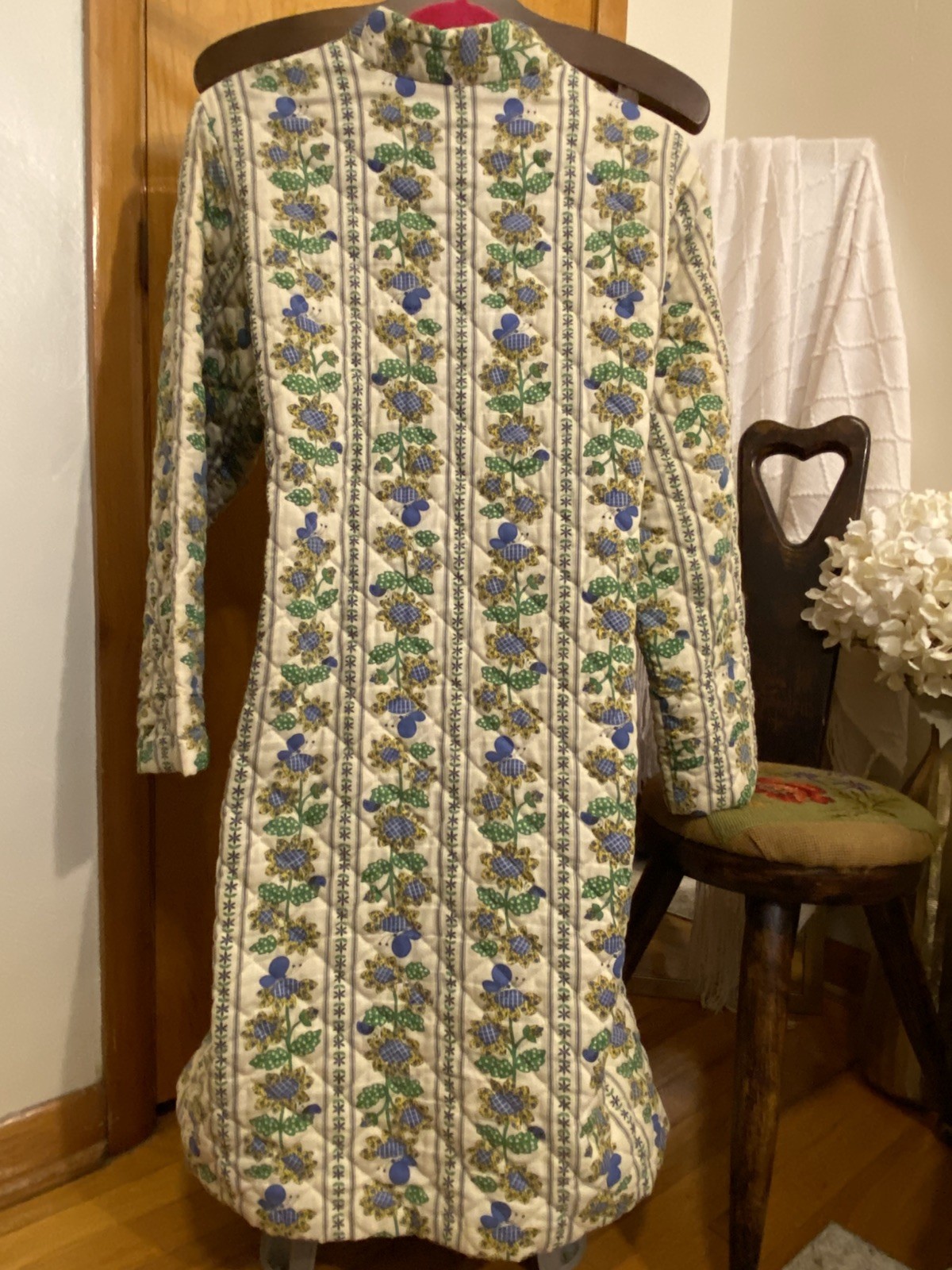 VTG Sunflowers Handmade Drab Peasantcore Belted Robe House Coat SZ XL