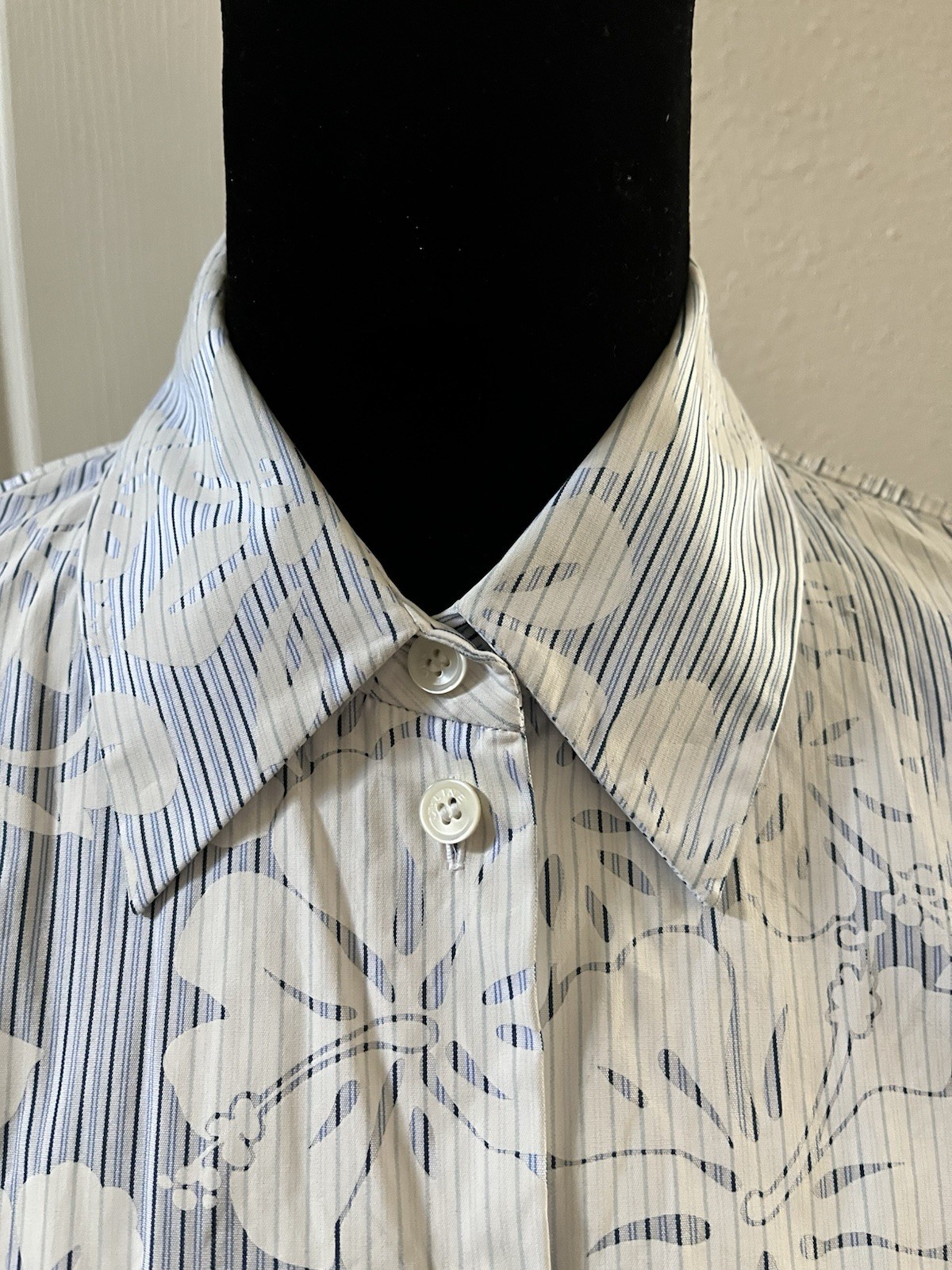 Vintage CELINE Floral & Striped Button-Up Long Sleeve Shirt, Size 42, Signed